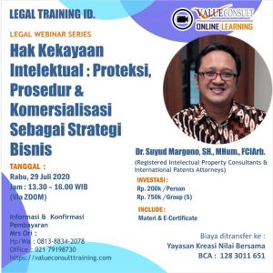 Legal Webinar Series : HAK KEKAYAAN INTELEKTUAL : PROTEKSI, PROSEDUR & KOMERSIALISASI SEBAGAI STRATEGI BISNIS